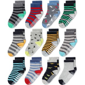 Cozyway Non-Slip Crew Grip Toddler Socks, 12 Pack for Boys, Stripes & Dinosaur Design, 3-5 Years Old - 1 of 4