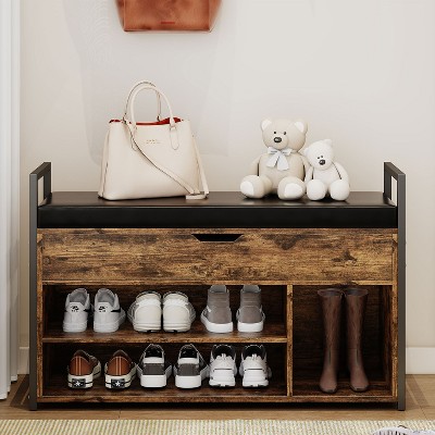 KTMBDW 39" Storage Bench, Shoe Bench with Flip Top Storage Space and Padded Cushion, 2-Tier Shoe Rack Organizer for Entryway, Living Room