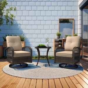 EROMMY Outdoor Swivel Rocker Bistro Set - 3 Piece Wicker Patio Set With 2 Swivel Rocking Chairs, Cushions, And Tempered Glass Side Table - 1 of 4