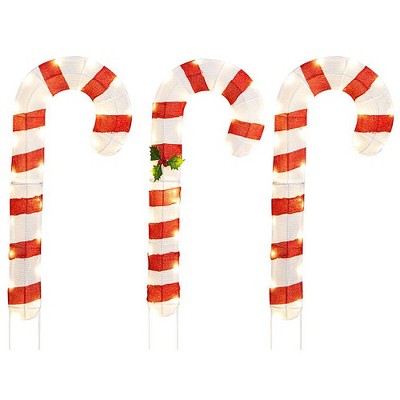 Tangkula Lighted Candy Canes Set of 3 Christmas Tinsel Candy Cane Decoration