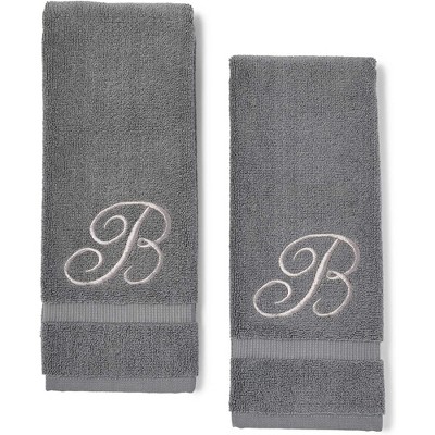 Juvale 2 Pack Monogrammed Hand Towels, Gray Cotton Hand Towels with Silver Embroidered Initial B for Wedding Gift, Baby Shower, 16 x 30 in