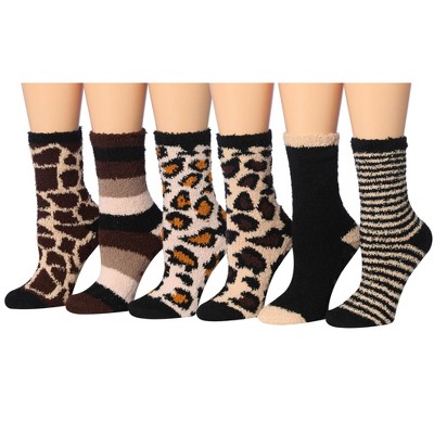 Tipi Toe Women's 6-Pairs Cozy Microfiber Anti-Skid Wild Essence Patterned Soft Fuzzy Crew Socks