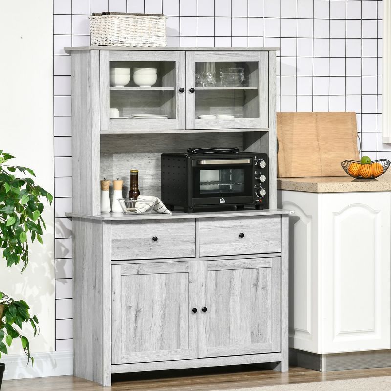 HOMCOM 63.5" Kitchen Buffet with Hutch, Pantry Storage Cabinet with 4 Shelves, Drawers, Framed Glass Doors, Open Microwave Countertop, 3 of 7