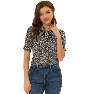 Allegra K Women's V Tie Neck Turn Down Collar Puff Sleeve Floral Blouses - 1 of 4