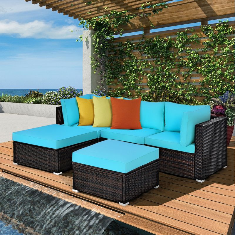 Tangkula 5-Piece Outdoor Patio Sectional Rattan Wicker Conversation Sofa Set with Turquoise/Yellowish Cushions, 3 of 6