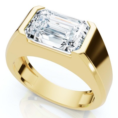 Pompeii3 Certified 3Ct Men's Emerald Cut Half Bezel Diamond Ring 14k Gold or Pt Lab Created