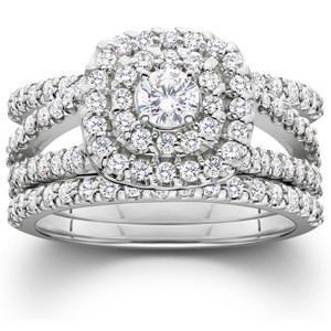 Pompeii3 1 1/4 Ct Three Ring Diamond Cushion Halo Engagement Wedding Band Set White Gold - 1 of 4