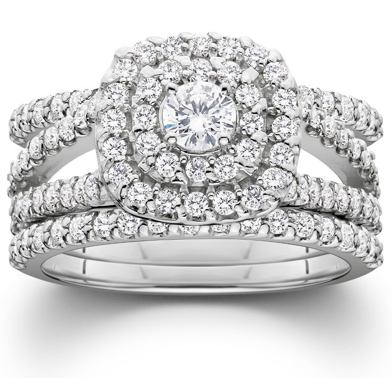 Pompeii3 1 1/4 Ct Three Ring Diamond Cushion Halo Engagement Wedding Band Set White Gold, 1 of 5