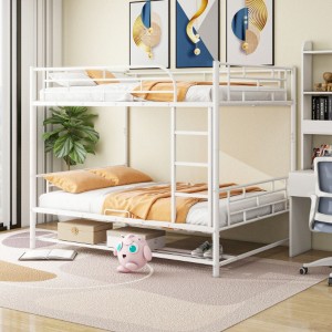 Full Over Full Metal Bunk Bed with Shelf and Guardrails, White - 1 of 4