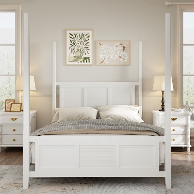 NicBex Queen/King Size Four Poster Platform Bed Frame with Horizontal Grille Design Headboard,Solid Wood Slats,No Box Spring Needed,Easy Assembly