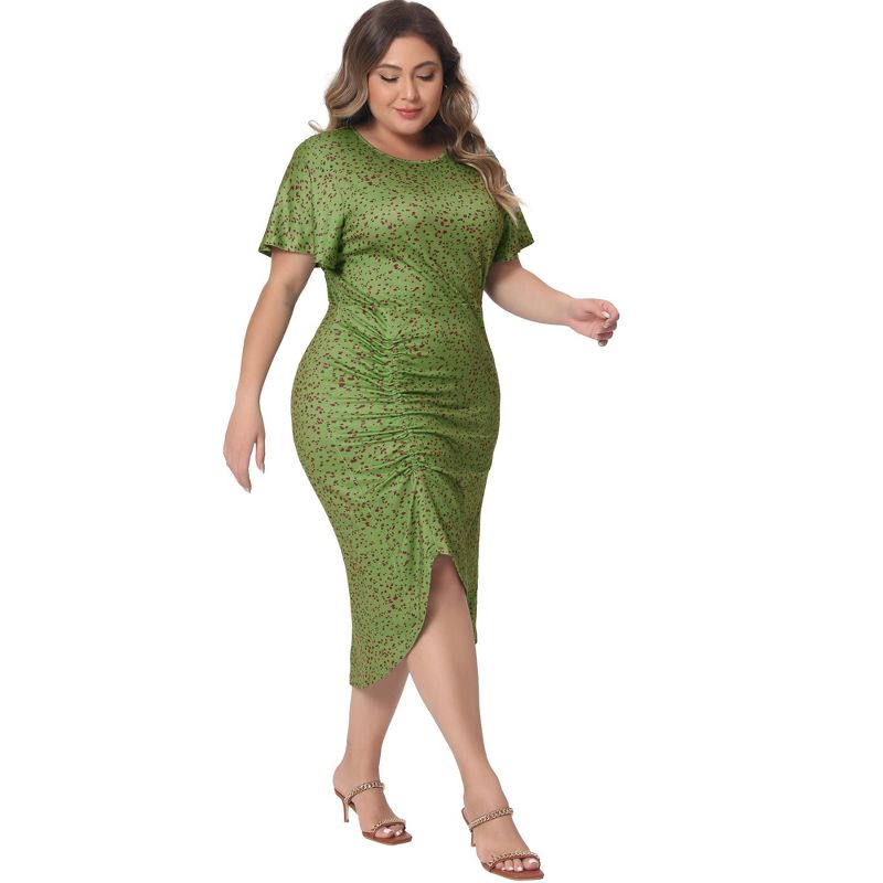 Agnes Orinda Women's Plus Size Polka Dots Ruched Round Neck Short Sleeve Cocktail Bodycon Dresses, 3 of 5