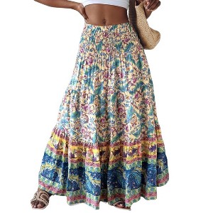 Women's High - Waisted Elastic Waist Maxi Skirt, Loose Floral Print Long Skirt for Casual Wear - 1 of 4