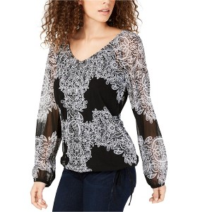 I.N.C International Concepts Womens Placed-Lace Tie-Hem Peasant Blouse, Black, X-Small - 1 of 1
