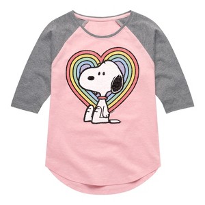 Girls' - Peanuts - Snoopy Pastel Heart Shirt Tail Raglan Graphic T-shirt - 1 of 3