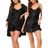 cheibear Womens 4pcs Sleepwear Pjs Satin Lingerie Silk Cami with Shorts Robe Pajama Set