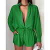 Women's  2 Piece sets  Button Down Shirt Long Sleeve Short Drawstring  Outfits - 2 of 4