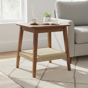 Homy Casa Mid-Century Wooden End Table with Woven Shelf, Dark Walnut - 1 of 4