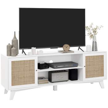 HOMCOM TV Stand Cabinet for TVs up to 65", Boho Entertainment Center with Rattan Doors, Adjustable Shelves and Cable Holes for Living Room, White