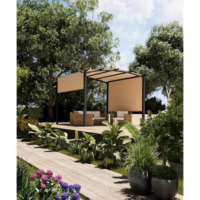 Outdoor Arched Pergola, Metal Pergola with Retractable Canopy, Arched Style Gazebos for Backyard, Lawn, Patios，Khaki/ Gray