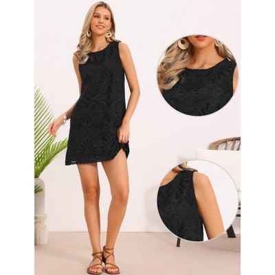 Женские платья INSPIRE CHIC Women's Crew Neck Lace Eyelet Floral Sleeveless Summer Lined A-Line Mini Dresses Medium Black — фото 2