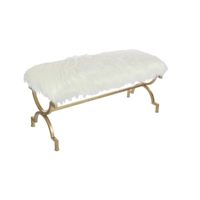 Chic Gold Metal 42" Entryway Bench with White Faux Fur Cushion
