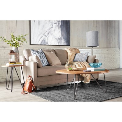 Bryant Round Aged Pine Coffee Table with Black Metal Hairpin Legs
