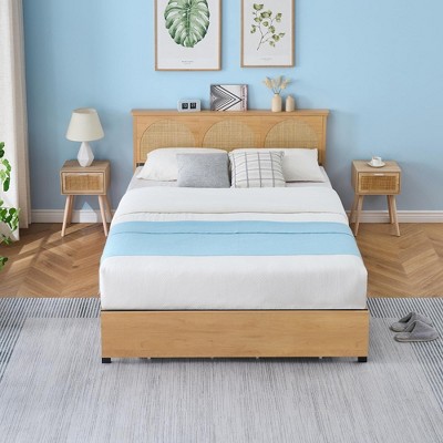 Rattan Bed Frame with Natural Rattan Headboard and 2 Storage Drawers