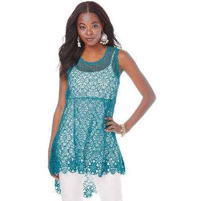 Roaman's Women's Plus Size Crochet Pullover Sweater Tank