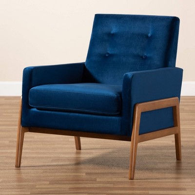 Navy Blue Velvet & Walnut Brown Wood Accent Chair