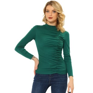 INSPIRE CHIC Women's Long Sleeve High Neck Ruched Front Fitted Blouse - 1 of 4