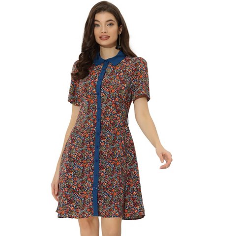 Женские платья INSPIRE CHIC Women's Short Sleeve Contrast Collar Belted Floral Shirt Dress Dark Blue X-Small