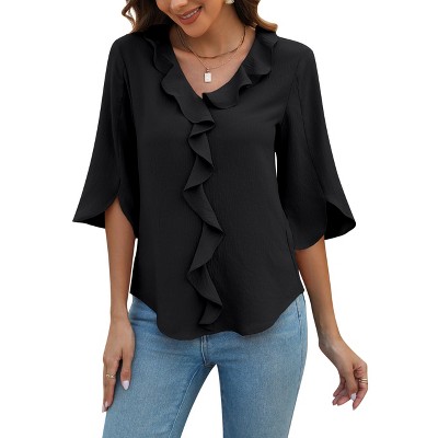 Womens Dressy Casual Blouses 3/4 Sleeve V Neck Ruffle Tops Trendy Work Shirts Business Ladies Summer 2025