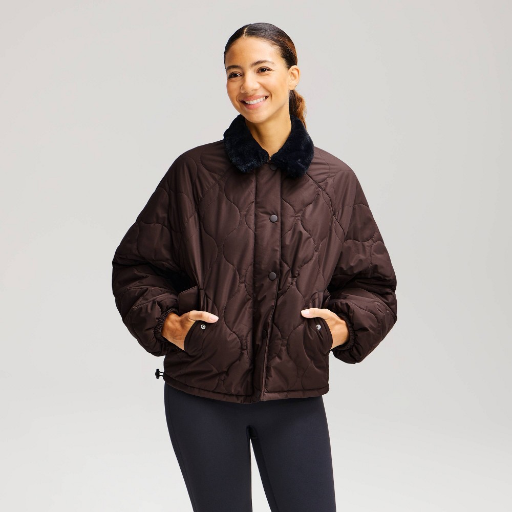 Women's Quilted Jacket with Fur Collar - All In Motion™ Dark Brown M