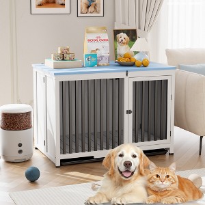 39.5in Furniture Dog Crate, Large/Medium Dog Crate End Table, No Assembly Needed (White and Blue) - 1 of 4