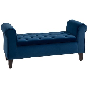 Aghana Digitals Blue Velvet-Touch Storage Ottoman Bench with Rolled Armrests & Button-Tufted Design - 1 of 4