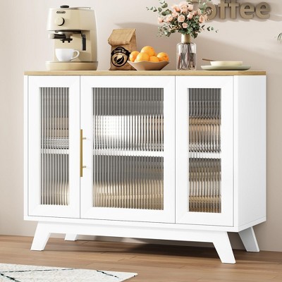 Whizmax Sideboard Buffet Cabinet with Fluted Glass Door, Modern Accent Storage Cabinet with 2-Tier Storage, Coffee Bar Cabinet for Kitchen Dining Room