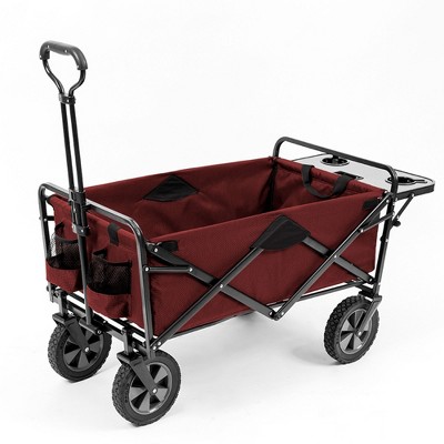 Mac Sports Heavy Duty Steel Frame Collapsible Folding 150 Pound Capacity Outdoor Garden Utility Wagon Yard Cart with Table and Cup Holders, Maroon