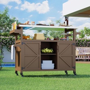 Portable Outdoor BBQ Prep Table - Metal Kitchen Island with Lockable Wheels, Storage Cabinet & Stainless Steel Top for Backyard Cooking - 1 of 4