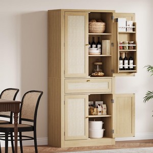 70inch Tall Kitchen Pantry Cabine, Rattan Doors Freestanding Cupboard Storage Cabinet - 1 of 4