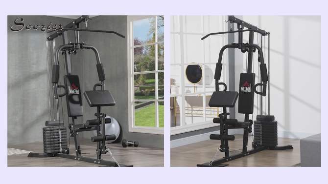 Soozier Home Gym, Multifunction Gym Equipment Workout Station with 100Lbs Weight Stack for Lat Pulldown, Leg Extensions, Preacher Bicep Curls, 2 of 8, play video