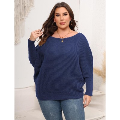 Womens Plus Size Off-Shoulder Batwing Sleeve Sweater Winter Knit Tops