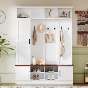 CAVINAS Hall Tree with Shoe Rack Modern 3-in-1 Coat Rack with Storage Bench, Open Shelves and 6 Hooks for Foyer - 1 of 4