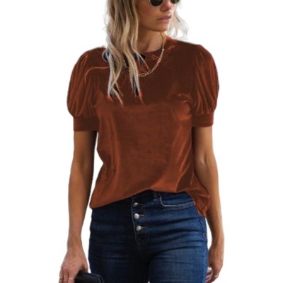Amaryllis Women's Short-Sleeve Velvet Puff Sleeve Top Elegant Crew Neck  Texture
