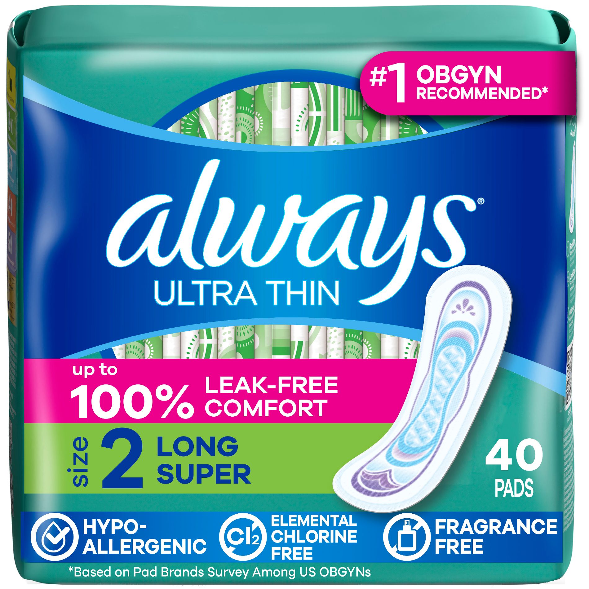 Always Ultra Thin Pads Size 2 Super Long Absorbency Unscented Without Wings - 40ct