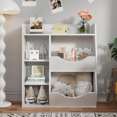 Kids Bookshelf and Toy Storage Organizer, 3-Tier Toddler Bookshelf Wooden Bookcase, 5 Cube Double Sided Toy Storage Display,for Kids Room