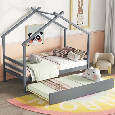 CAVINAS Twin Size Bed House-Shaped Modern Pine Bed Frame with Trundle for Bedroom