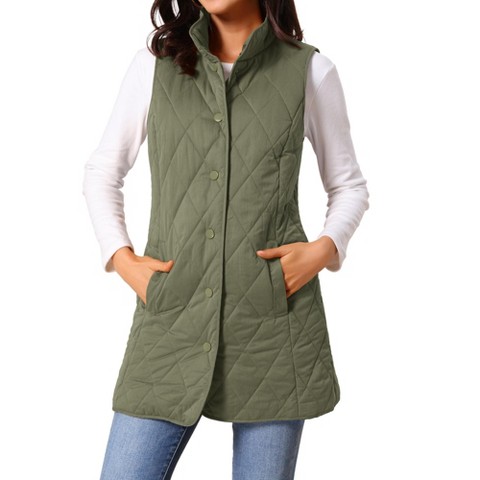 Женский жилет INSPIRE CHIC Winter Stand Collar Sleeveless Lightweight Gilet Quilted Long Puffer Vest Army Green Medium, цвет: Зелёный