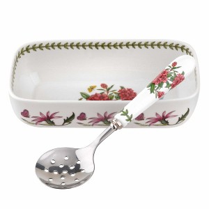 Portmeirion Botanic Garden Cranberry Dish with Slotted Spoon, 2-Piece Set, 8"x 4.25" Sauce Dish with 4.25" Serving Spoon, Rhododendron Flower Motif - 1 of 4