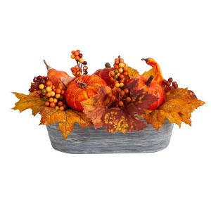 Nearly Natural 12-in Fall Pumpkin and Berries Autumn Harvest Artificial Arrangement in Washed Vase - 1 of 4