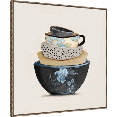 Stacked Blue and Beige Bowls Framed Canvas Wall Art